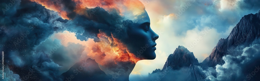 Poster mystical profile of a man filled with vibrant clouds and cosmic elements against a dramatic mountain