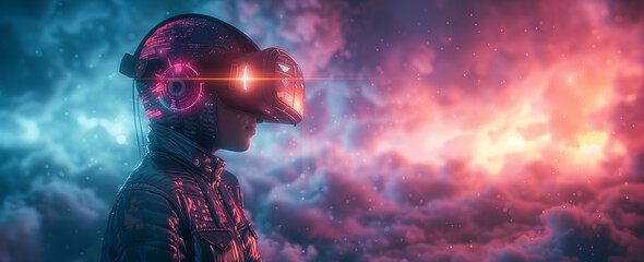 Kobieta w goglach VR zanurzona w futurystycznym świecie z chmurą danych i neonowymi efektami. Cyberpunkowy krajobraz miasta nocą. Wizualizacja nowoczesnych technologii i przyszłości cyfrowej.