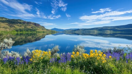 Naklejka premium Majestic mountain lake surrounded by vibrant wildflowers reflecting a clear blue sky in tranquil morning light