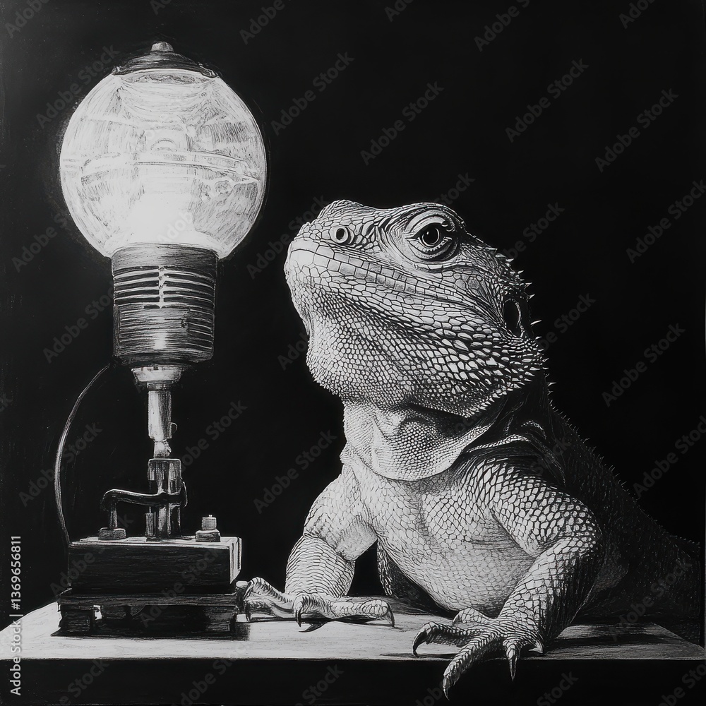 Poster lizard basks under a heat lamp, enjoying warmth and light in a cozy setting