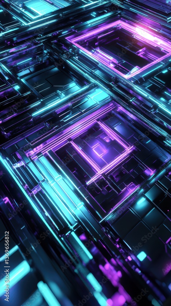 Poster vibrant geometric patterns illuminated by luminous neon lights creating a futuristic atmosphere