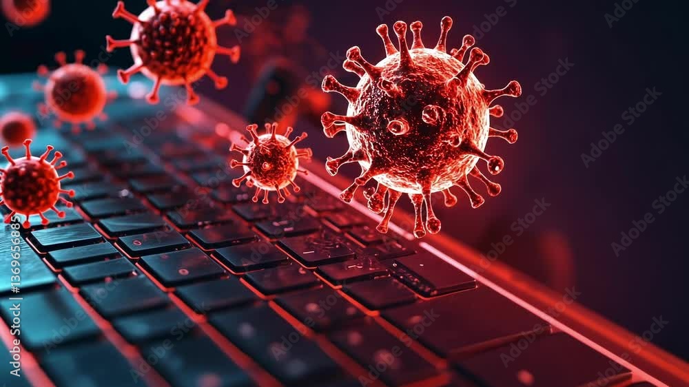 Poster a focused view of a computer desktop marred by ferocious virus icons emerging from the corners accom