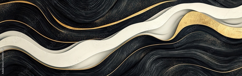 Poster high-contrast wave pattern in black and white with textured layers and smooth curves creating dynami
