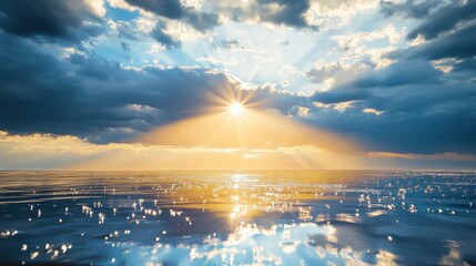 Sunlight breaking through clouds over tranquil ocean waters creates a serene ambiance during sunset hours