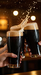Cheers with craft beer in bar. Friends joyfully toasting with frothy cold dark stout beer glasses, foam spills splashing. Perfect for celebrations, parties, pub marketing, Oktoberfest, Beer Day events