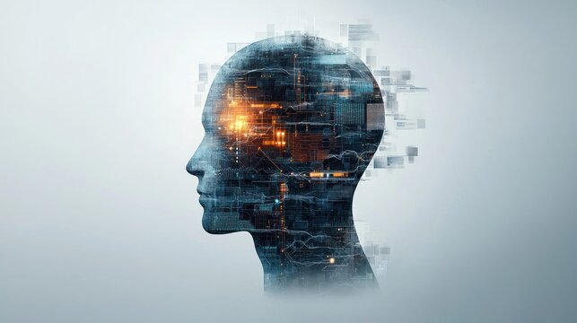 AI mind, digital brain, technological head, glowing circuits