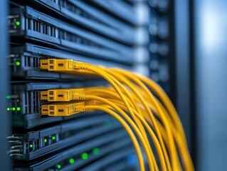 A close-up view of a server rack with yellow Ethernet cables connected, showcasing the intricate setup of networking equipment.