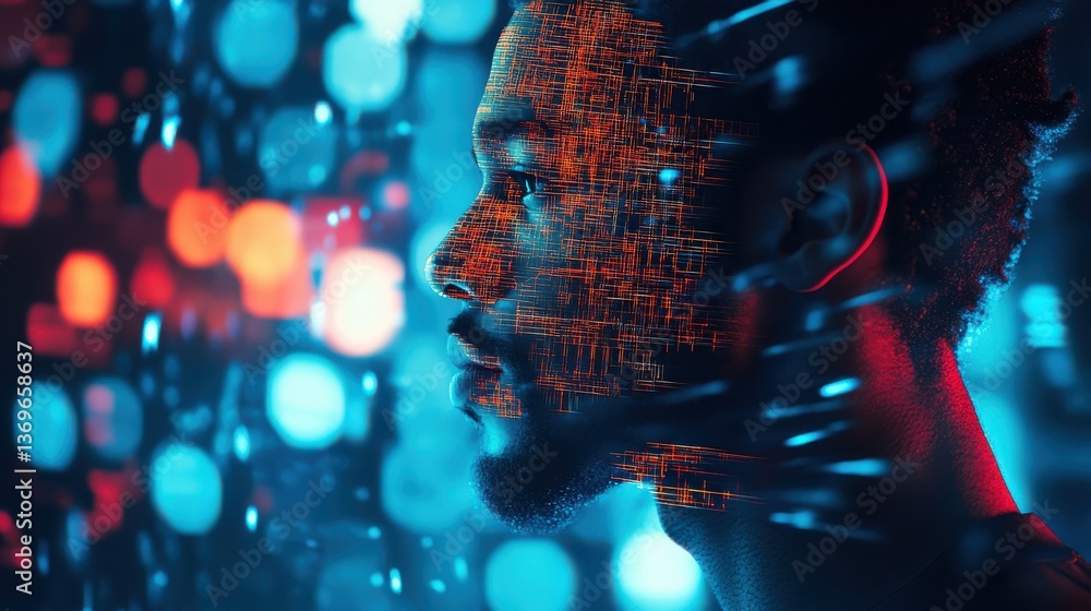 Poster dynamic profile of a man illuminated by vibrant lights and futuristic patterns in a tech-inspired en