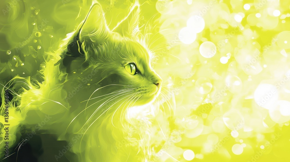 Poster vibrant lime green background with a serene cat gazing into the distance in a dreamlike atmosphere
