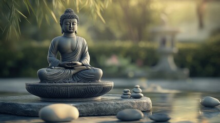 Vesak Day, Serene Bronze Buddha Statue in a Tranquil Garden Setting