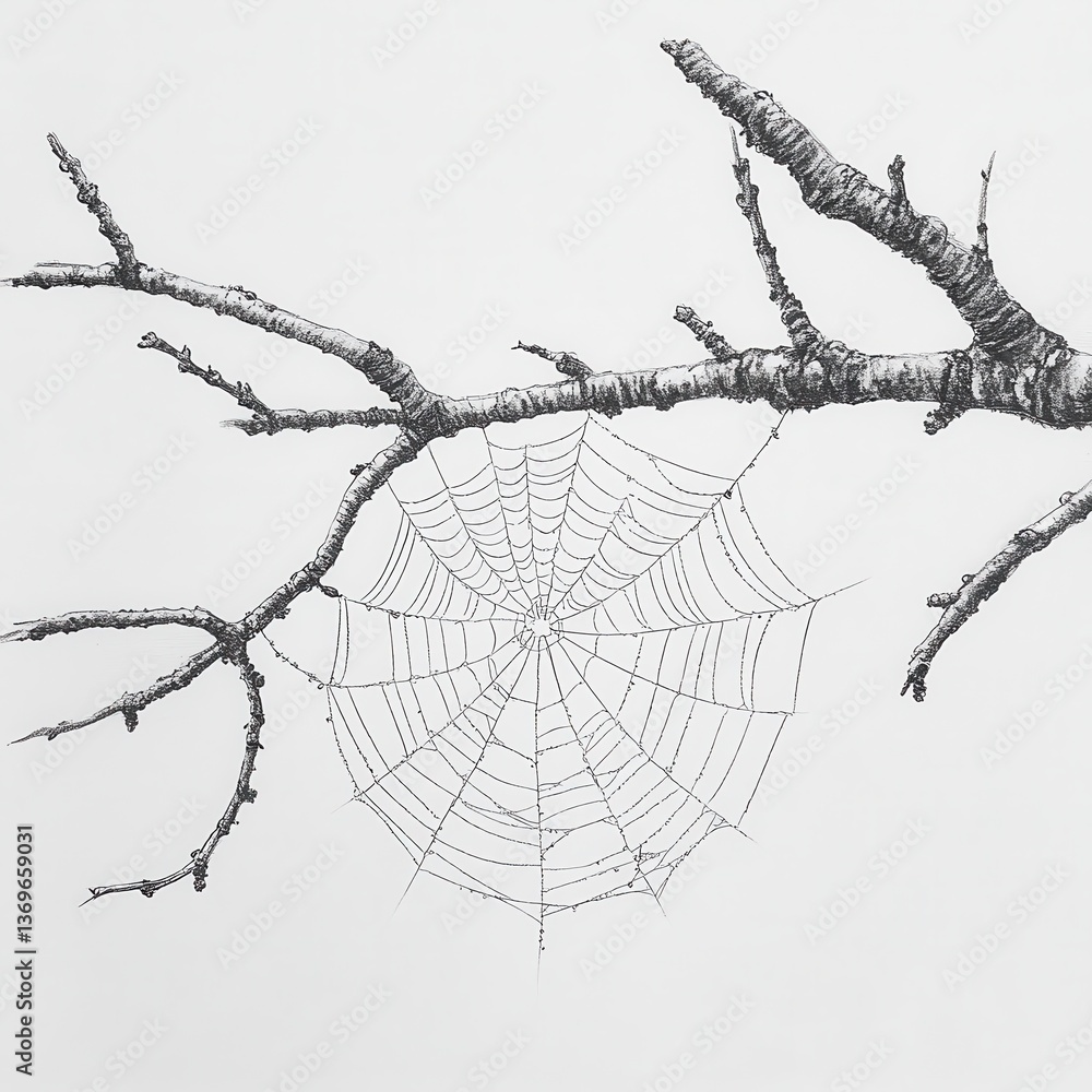 Poster delicate spiderweb intricately woven between branches in a tranquil outdoor setting at dawn