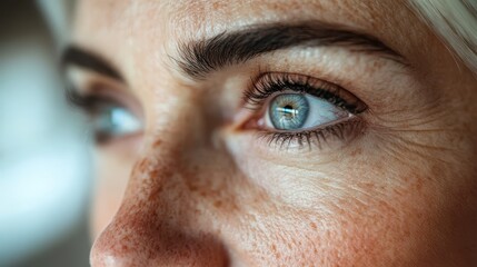 Naklejka premium Close-up shows woman's face with freckles and blue eyes in soft focus. Ideal for health, aging, beauty, or thoughtful reflection themes.