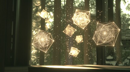 A window with a view of trees and a light show of colorful cubes