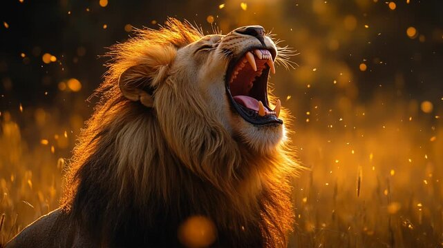 A majestic lion roaring in the wild, captured in slow motion on nature background. Its golden mane flows dramatically, each strand illuminated by perfect lighting, showcasing rich textures and depth
