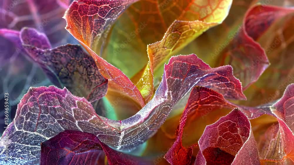 Poster close-up view of overlapping leaves displaying rich colors and delicate textures illuminated by soft