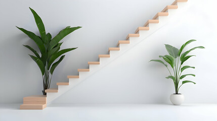 Modern Minimalist Interior with Wooden Staircase and Tropical Plants