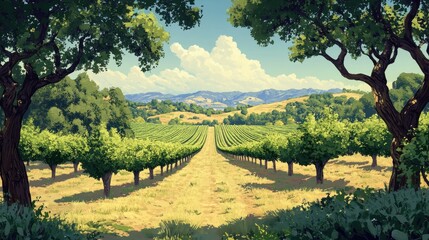 Obraz premium Lush vineyard landscape with rows of grapevines and rolling hills. Great for travel blogs, winery promotion, or landscape designs.