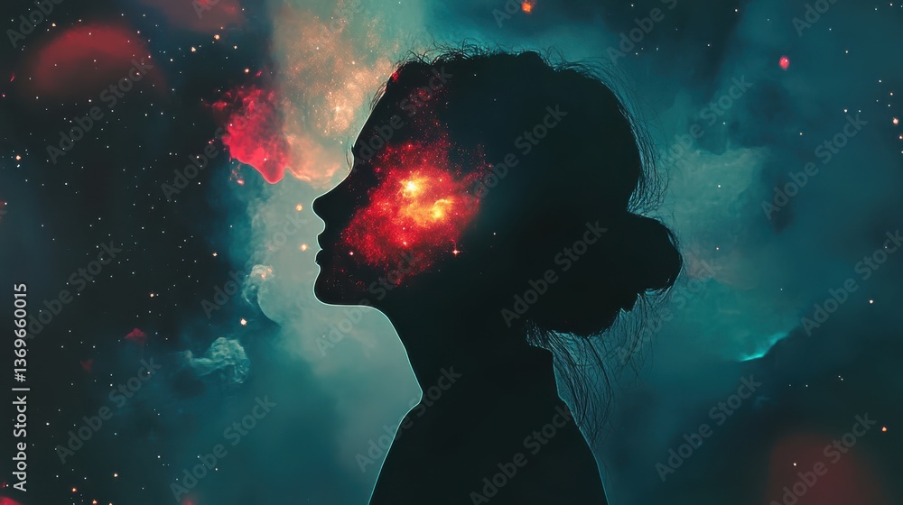 Poster conceptual visualization of a woman's profile merging with cosmic elements representing creativity a