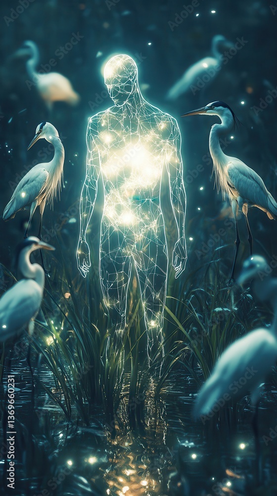 Poster glowing figure surrounded by white herons in a mystical and serene wetland setting at dusk