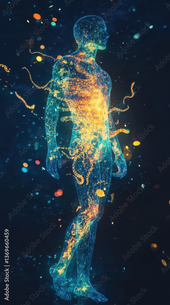 Poster glowing figure in a surreal space showcasing luminous energy and movement