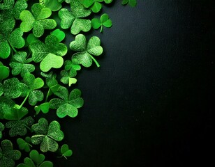 Background with green clover leaves for Saint Patrick's day. Abstract pattern with a shamrock. Spingtime nature background. Vintage film aesthetic. 