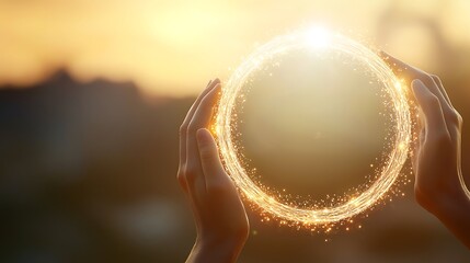A person is holding a glowing circle in their hands
