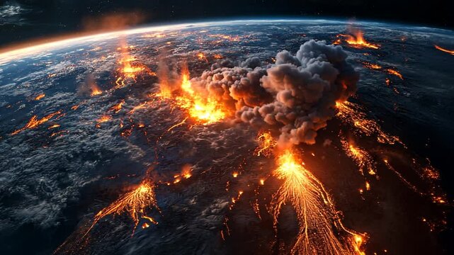 Apocalyptic earth landscape showing a volcanic eruption seen from outer space
