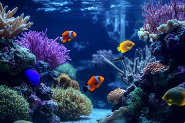 Naklejka premium Vibrant underwater scene with clownfish, yellow tang, and coral reef, concept for aquarium advertisement, marine life documentary, and ocean conservation campaigns