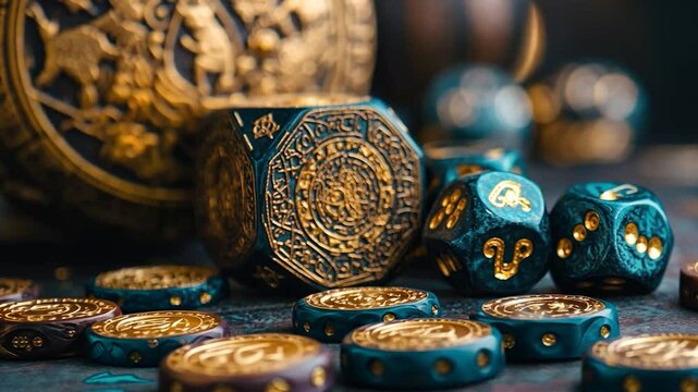 Ancient dice set on a dark surface
