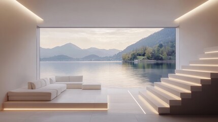 Modern interior of the living room with stairs and panoramic window overlooking a lake in white color