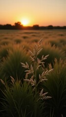 American Midwest Prairie Light illuminates delicate plant in foreground against vibrant sunset over tall grass. Concept of American Midwest Prairie Light captures tranquil landscape.