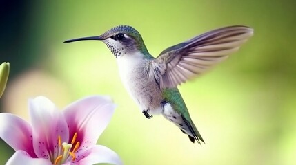Naklejka premium Hummingbird in flight near a flower (1)