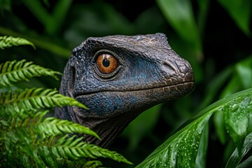 A Velociraptor stalking its prey in dense ferns, its eyes locked onto an unsuspecting dinosaur
