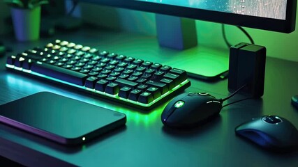 Backlit keyboard and mouse glowing in a dark room, creating an immersive atmosphere for focused cybersecurity work, with a monitor displaying code in the background - Powered by Adobe