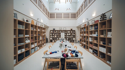 Spacious light-filled craft room with long table and built-in shelving Organized workspace perfect for creative pursuits