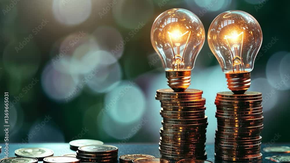 Poster two illuminated light bulbs rest on piles of coins, symbolizing the fusion of creativity and finance