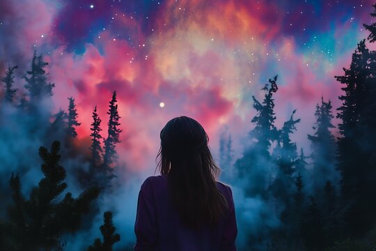 Woman silhouetted against a dreamy, misty forest at twilight under a vibrant, star-filled sky, concept for fantasy, magical realism, or inspirational projects