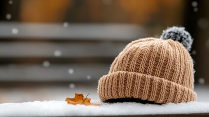 Fototapeta premium A cozy knit hat rests on a snow-covered surface with a fallen leaf beside it, evoking a sense of winter warmth and tranquility, Ideal for seasonal promotions, winter fashion, and lifestyle blogs,