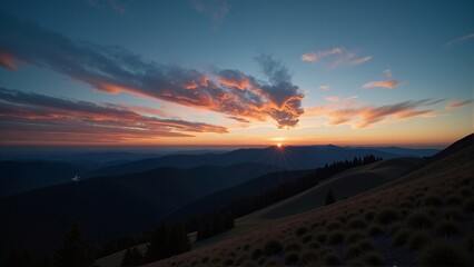 American Sunset Ridges display stunning sunset over mountains, vibrant orange and pink sky hues. Concept of American Sunset Ridges captures serene landscape beauty.