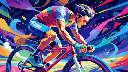 Fototapeta premium young man riding a bicycle with a colorful energy, digital art style, illustration painting