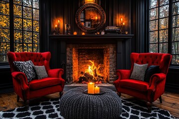 Fototapeta premium Cozy Indoor Scene Featuring Two Comfortable Armchairs by the Fireplace with Warm Ambiance and Autumnal View from Large Windows