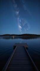 Fototapeta premium Archipelago Twilight in Finland Turku shows serene landscape of wooden pier extending into calm lake under starry sky. Concept of tranquility in Archipelago Twilight in Finland Turku.