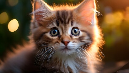  Close-up of a fluffy kitten with big, curious eyes staring at the camera.