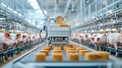 Automated system dispensing feed to pigs in a modern, clean facility