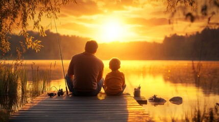 Father and Son Fishing at Sunset: A Bonding Experience on a Wooden Pier