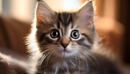  Close-up of a fluffy kitten with big, curious eyes staring at the camera.