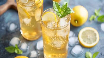 Fototapeta premium Refreshing Apple Spritzer Drink with Lemon and Mint in Glasses on a Marble Surface with Ice Cubes