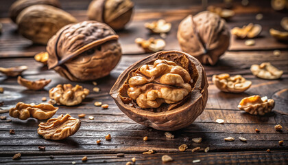 Obraz premium Walnuts on wooden surface, some cracked open and scattered