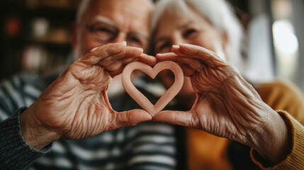 An elderly couple is showcasing a heart shape with their hands, capturing a tender moment of connection and affection in a warm indoor setting filled with natural light.