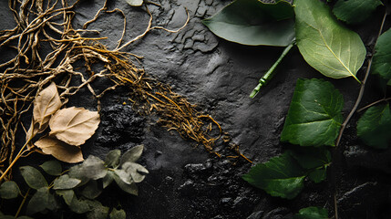 of a scientist measuring plant-based chemical extracts in a lab, with potted plants and herbs arranged neatly on the counter
